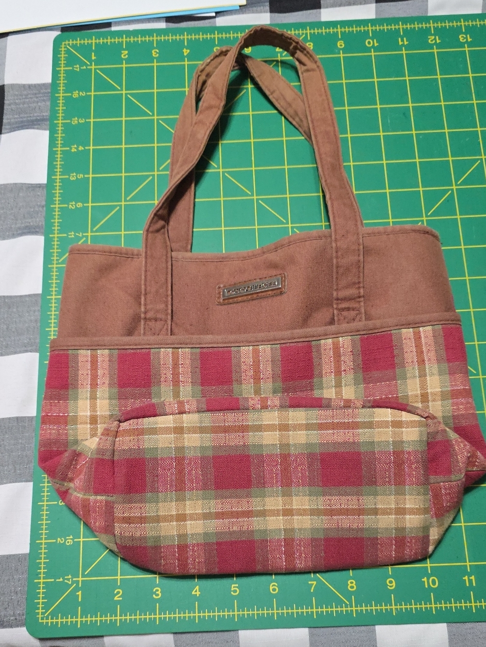 Longaberger Canvas Plaid Tote Bag in Brown and Red